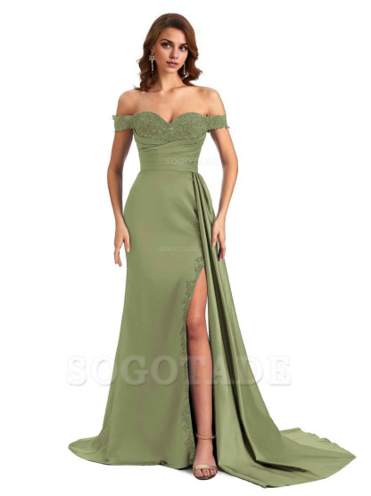 Sexy Off The Shoulder Mermaid Side Slit Silky Satin Long Bridesmaid Dress For Wedding