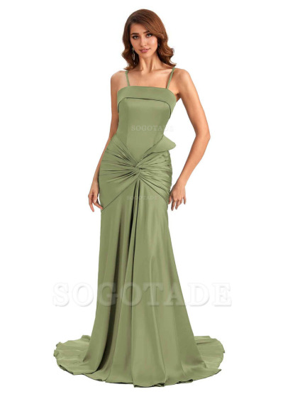 Sexy Mermaid Spaghetti Straps Silky Satin Unique Long Bridesmaid Dress For Wedding