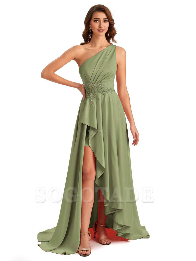 Sexy One Shoulder A-Line High Low Silky Satin Lace Long Formal Wedding Guest Dresses