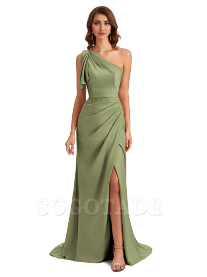 Sexy One Shoulder Mermaid Side Slit Unique Silky Satin Bridesmaid Dresses 
