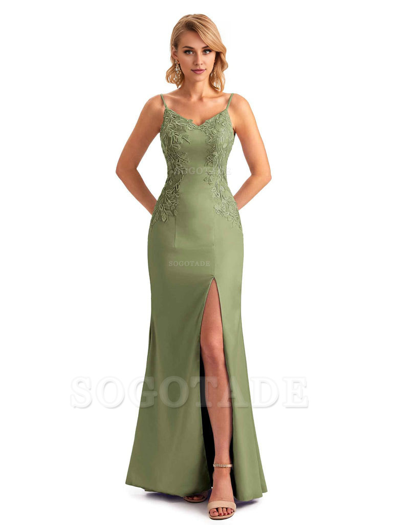 Sexy Side Split Mermaid Spaghetti Straps Soft Satin Unique Lace Long Bridesmaid Dresses