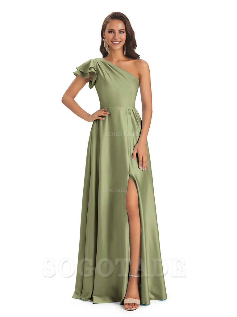 A-Line One Shoulder Ladies Long Bridesmaid Dresses Soft Satin Side Slit Elegant Evening Party Dress