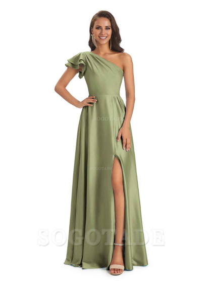 A-Line One Shoulder Ladies Long Bridesmaid Dresses Soft Satin Side Slit Elegant Evening Party Dress