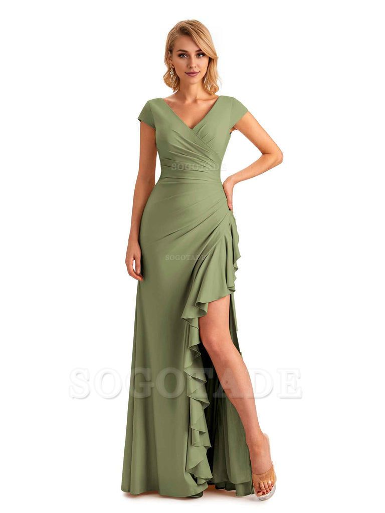 Sexy Side Slit Short Sleeves Mermaid Soft Satin Unique Long Maid Of Honor Dresses