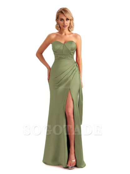 Sexy Side Slit Strapless Mermaid Soft Satin Unique Long Bridesmaid Dress For Wedding