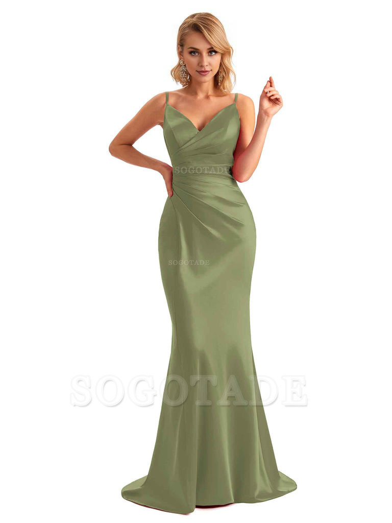  Sexy Backless Mermaid Spaghetti Straps Unique Long Formal Satin Dress For Women