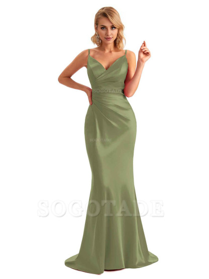  Sexy Backless Mermaid Spaghetti Straps Unique Long Formal Satin Dress For Women