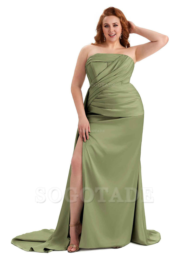 Sexy Side Slit Mermaid Soft Satin Formal Wedding Plus Size Bridesmaid Dresses