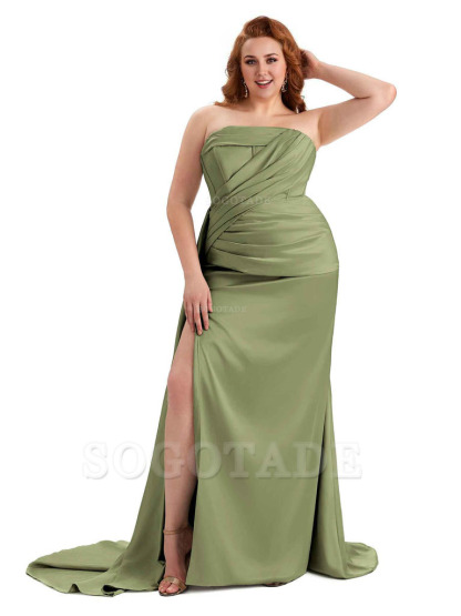 Sexy Side Slit Mermaid Soft Satin Formal Wedding Plus Size Bridesmaid Dresses