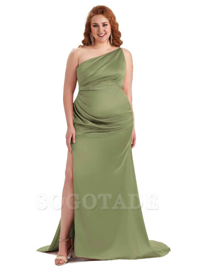 Sexy One Shoulder Side Slit Mermaid Soft Satin Long Plus Size Bridesmaid Dress For Wedding
