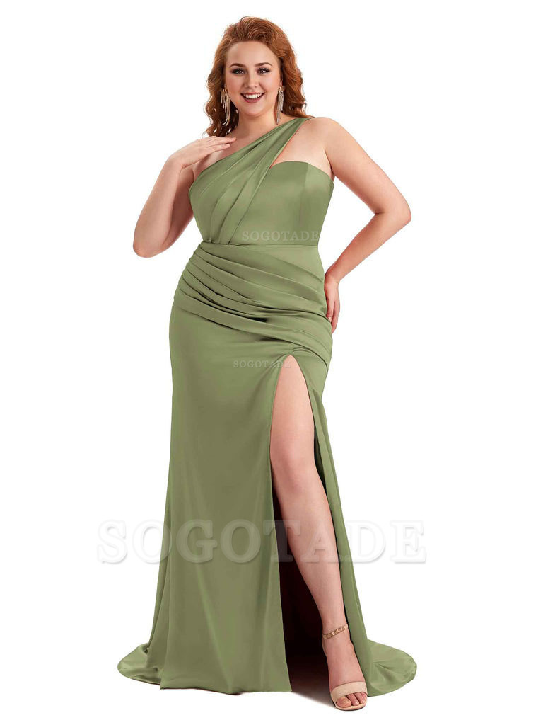 Sexy Side Slit One Shoulder Mermaid Soft Satin Long Plus Size Matron of Honor Dress For Wedding