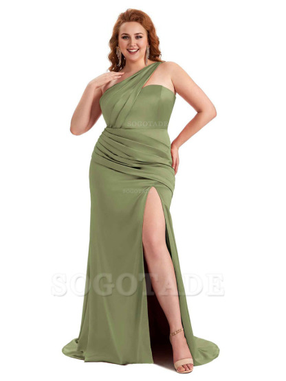 Sexy Side Slit One Shoulder Mermaid Soft Satin Long Plus Size Matron of Honor Dress For Wedding