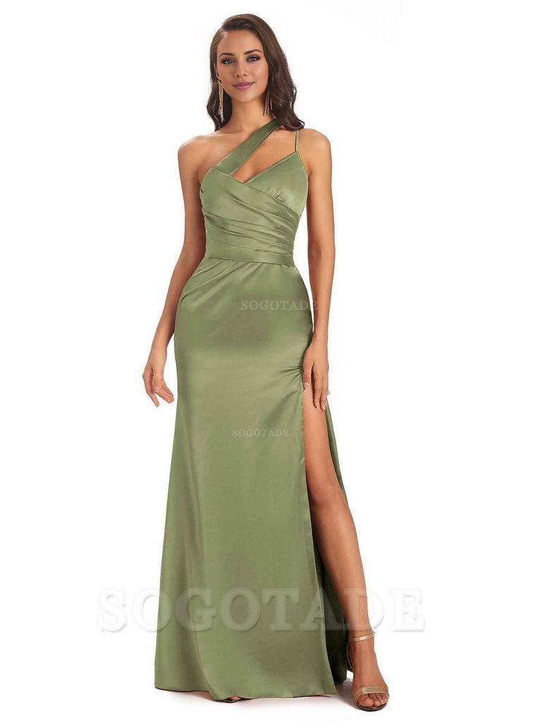 Elegant Soft Satin Side Slit One Shoulder Floor-Length Maxi Bridesmaid Dresses Evening Party Dress