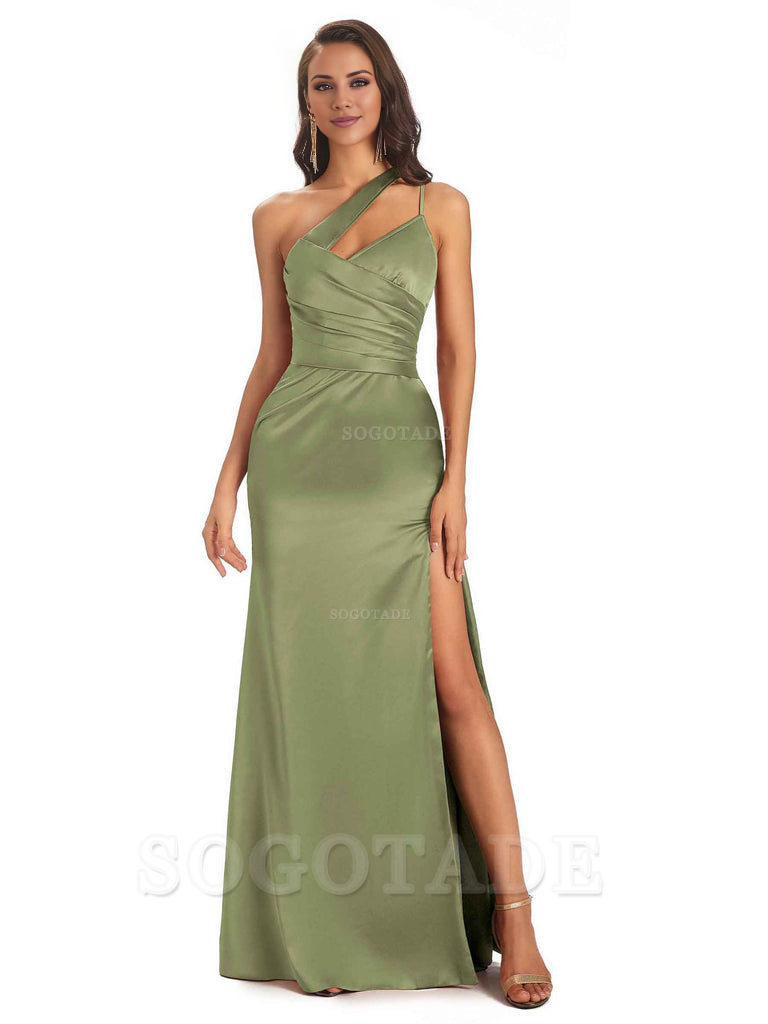 Elegant Soft Satin Side Slit One Shoulder Floor-Length Maxi Bridesmaid Dresses Evening Party Dress