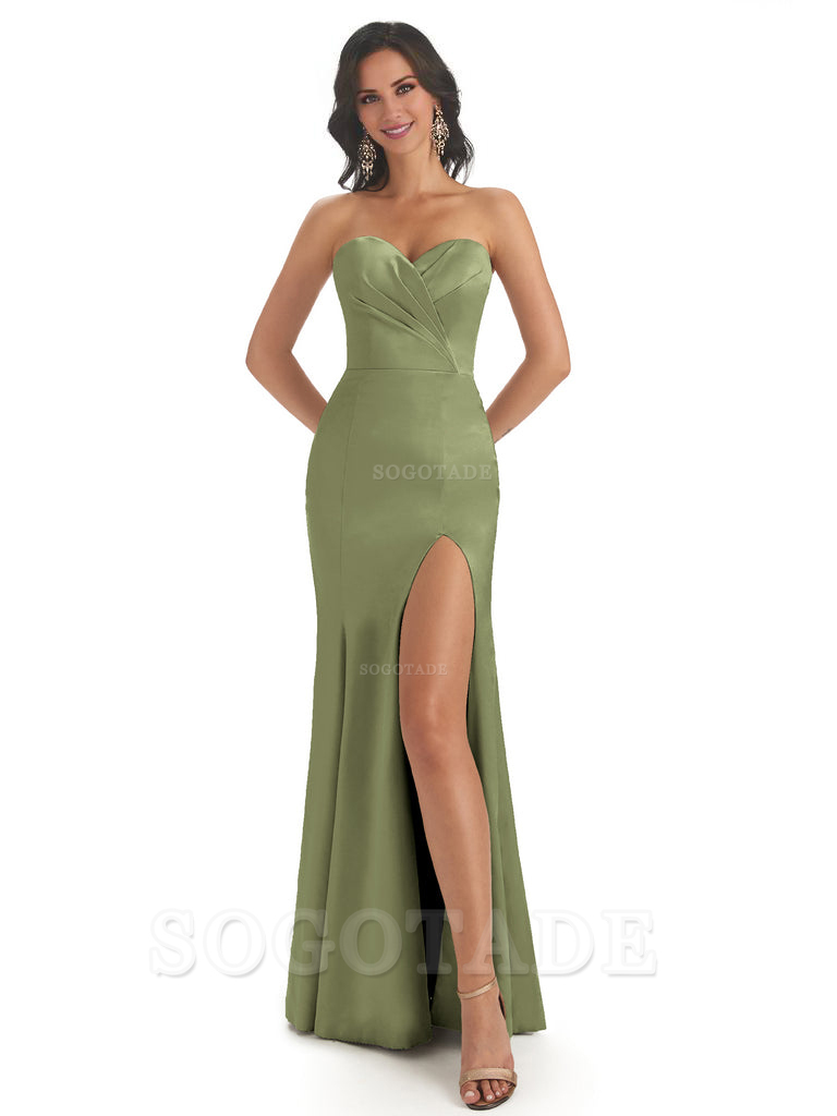 Simple Soft Satin Side Slit Sweetheart Long Mermaid Bridesmaid Dresses Elegant Evening Party Dress
