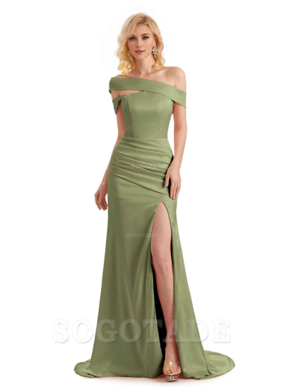 Elegant Asymmetrical Unique Soft Satin Side Slit Long Mermaid Bridesmaid Dresses Charming Evening Party Dress