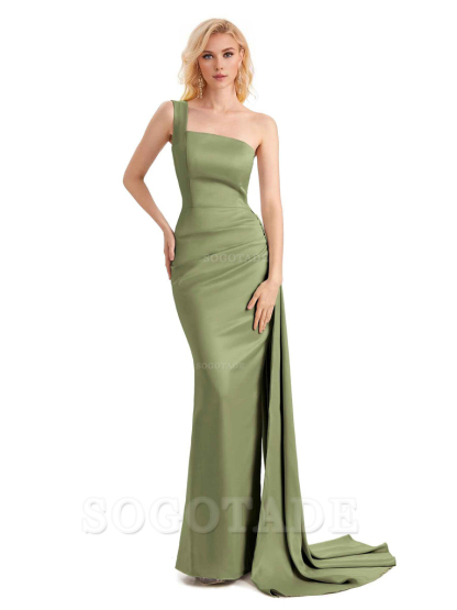 Elegant One Shoulder Soft Satin Mermaid Unique Long Bridesmaid Dresses Charming Evening Party Dress