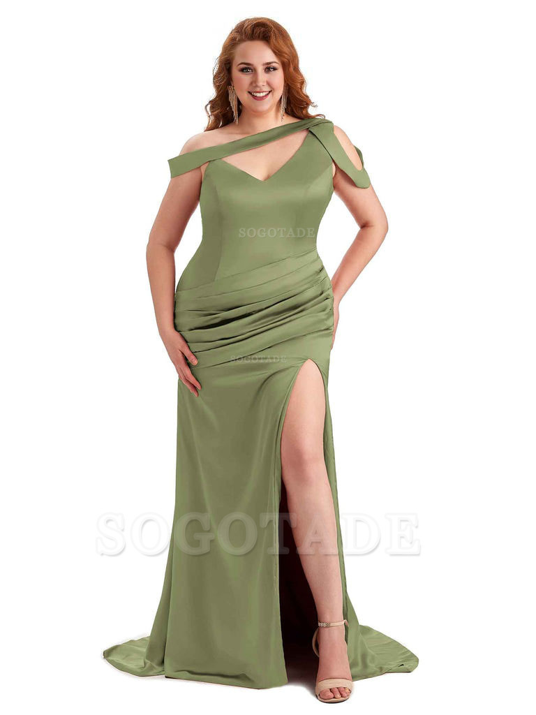 Sexy V-Neck Side Slit Unique Mermaid Soft Satin Long Plus Size Bridesmaid Dress For Wedding