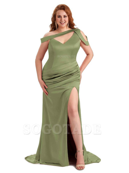 Sexy V-Neck Side Slit Unique Mermaid Soft Satin Long Plus Size Bridesmaid Dress For Wedding