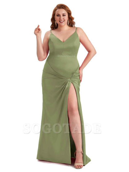 Sexy Spaghetti Straps V-neck Side Slit Mermaid Soft Satin Long Plus Size Bridesmaid Dress