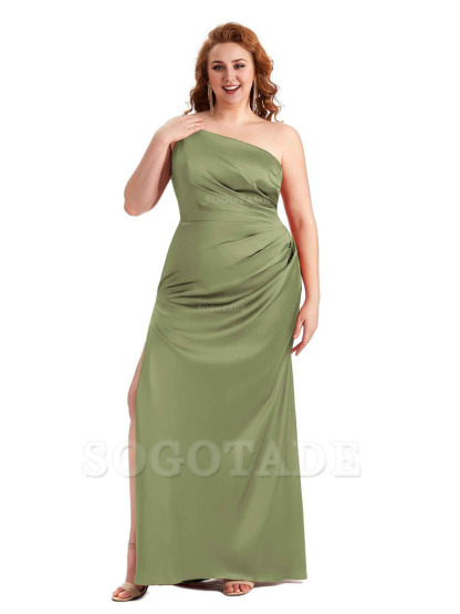 Sexy Side Slit One Shoulder Mermaid Soft Satin Long Plus Size Maid of Honour Dresses