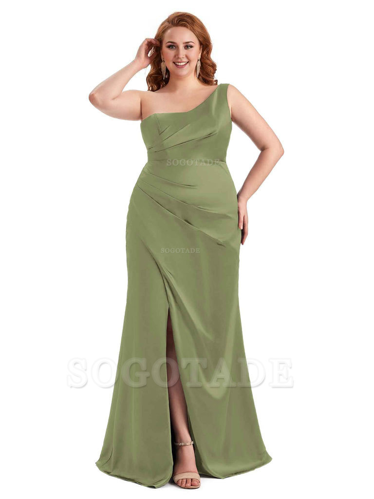 Sexy Side Slit One Shoulder Mermaid Long Plus Size Satin Maxi Dresses