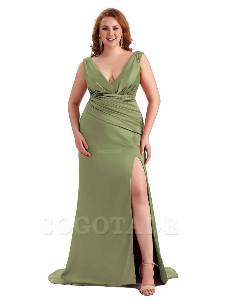 Elegant V-neck Side Slit Mermaid Soft Satin Long Plus Size Bridesmaid Dress For Wedding