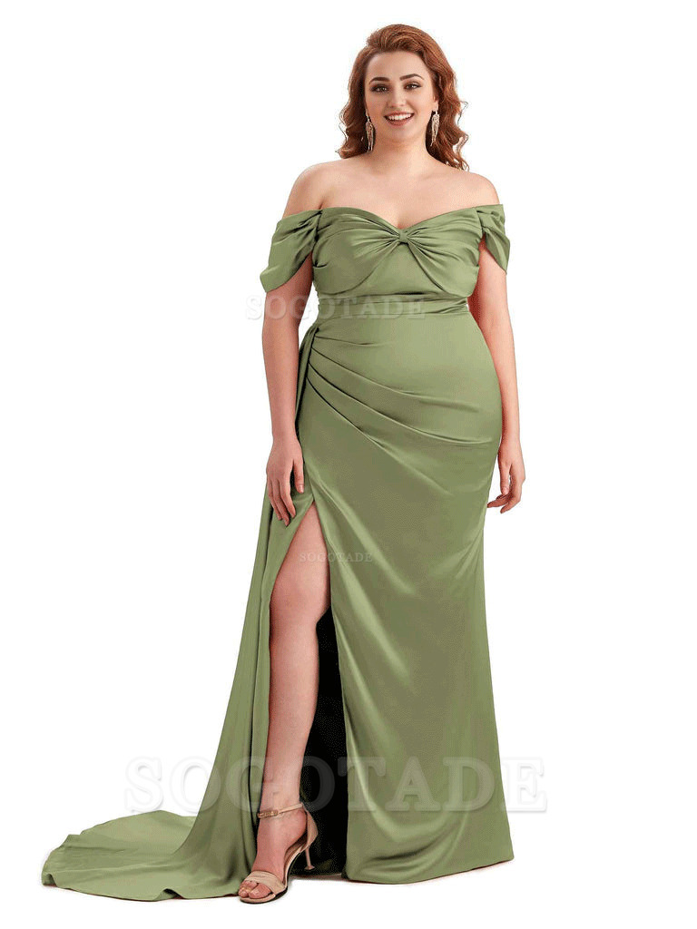  Sexy Side Slit Off The Shoulder Mermaid Soft Satin Long Plus Size Bridesmaid Dress For Wedding