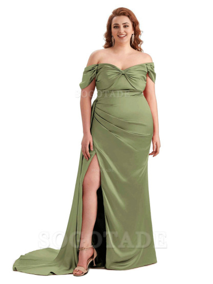  Sexy Side Slit Off The Shoulder Mermaid Soft Satin Long Plus Size Bridesmaid Dress For Wedding