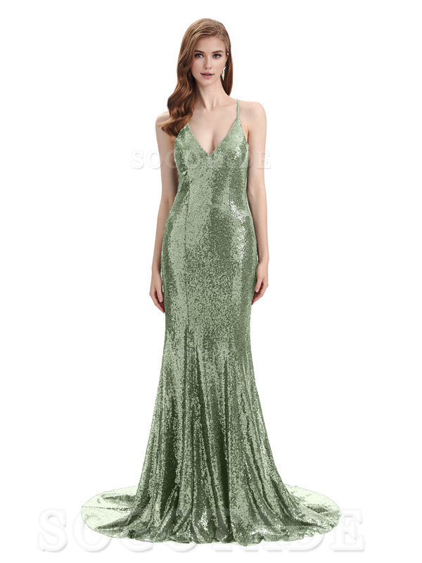 Deep V Neck Sexy Spaghetti Strap Backless Sequins Floor-Length Bridesmaid Dresses Bridesmaid Dresses Formal Women's Dresses Wedding Guest Dresses