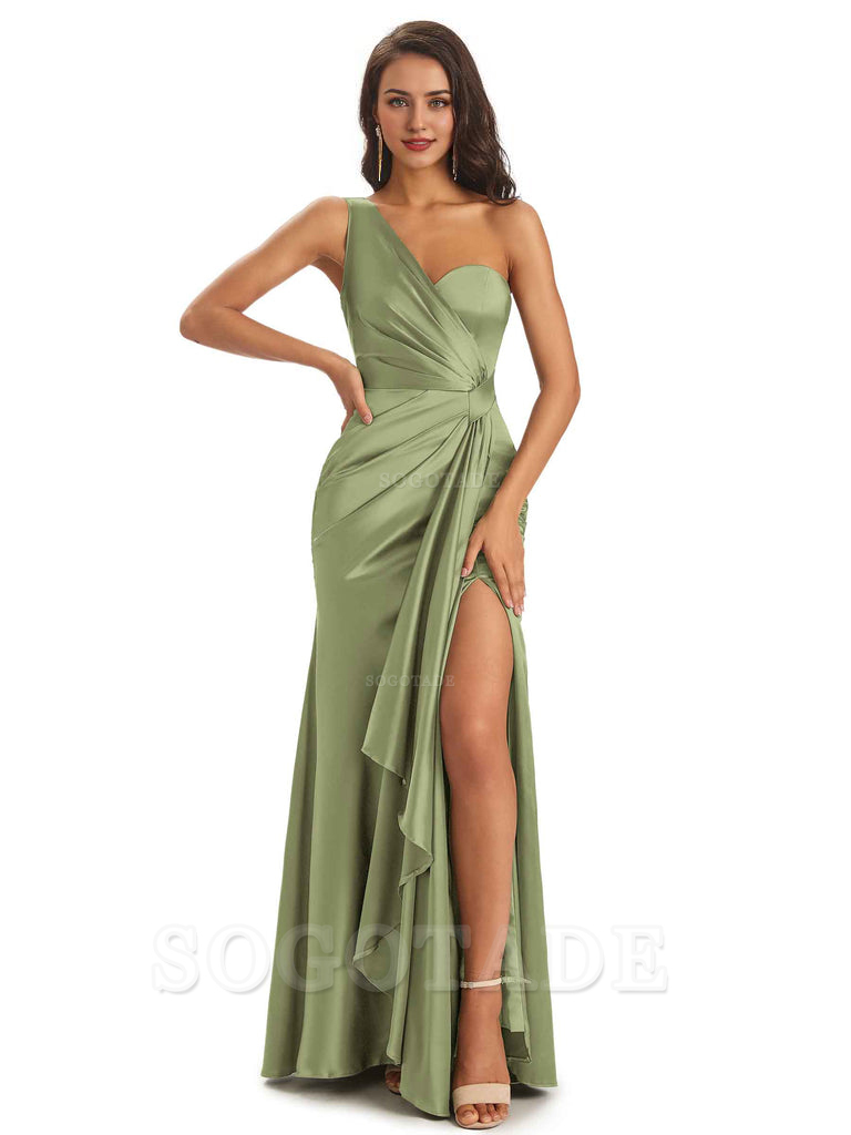 Elegant Soft Satin Side Slit One Shoulder Unique Mermaid Bridesmaid Dresses Online prom dresses shops