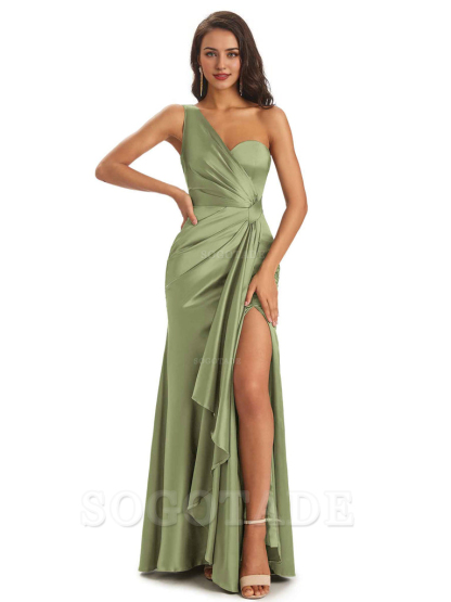 Elegant Soft Satin Side Slit One Shoulder Unique Mermaid Bridesmaid Dresses Online prom dresses shops
