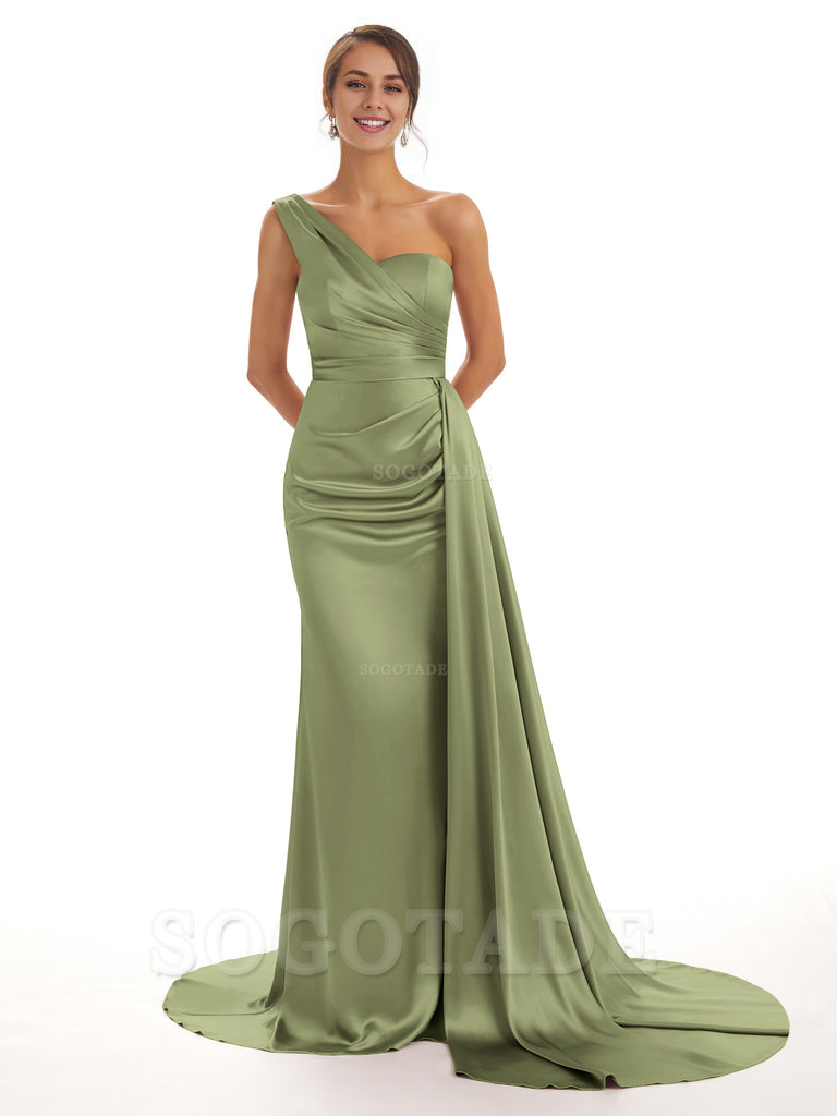 Elegant One Shoulder Soft Satin Unique Mermaid Long Bridesmaid Dresses Online prom dresses shops