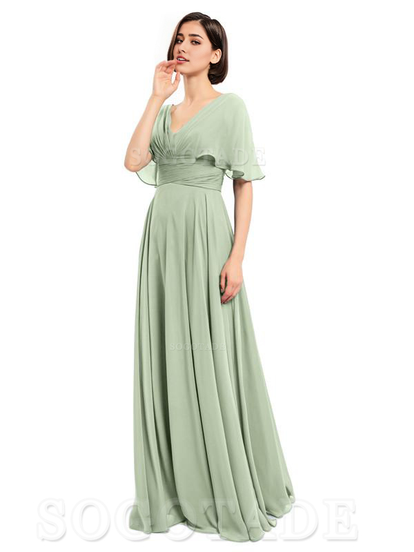  V-Neck Cap Sleeves Sleeves Chiffon Long Elegant Bridesmaid Dresses Formal Wear Dresses