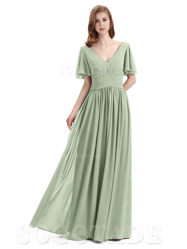 A-Line Chiffon Short Sleeves Elegant Floor-Length Bridesmaid Dresses Formal Women's Dresses Wedding Guests Dresses