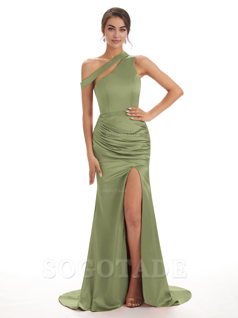 Sexy Soft Satin Side Slit One Shoulder Long Mermaid Bridesmaid Dresses prom dresses shops ﻿