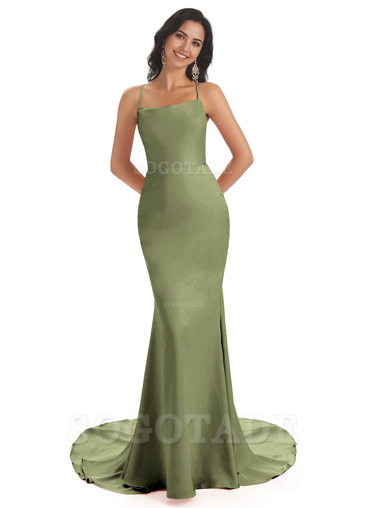 Mermaid Spaghetti Backless Straps Satin Long formal dresses evening gown Bridesmaid Dresses
