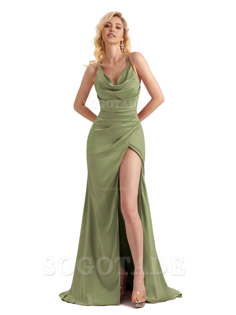 Sheath Cowl Neck Satin formal dresses evening gown Bridesmaid Dresses With Side Slit 