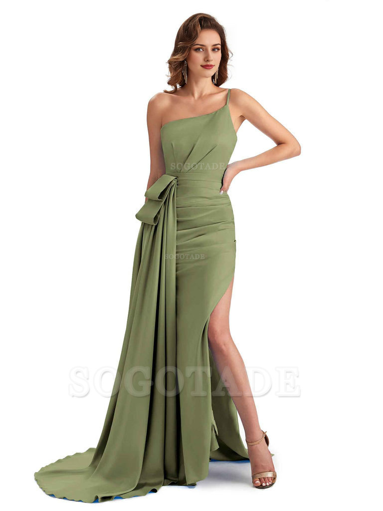 Sexy Side Slit Mermaid Silky Satin One Shoulder Modern Maxi Bridesmaid Dresses