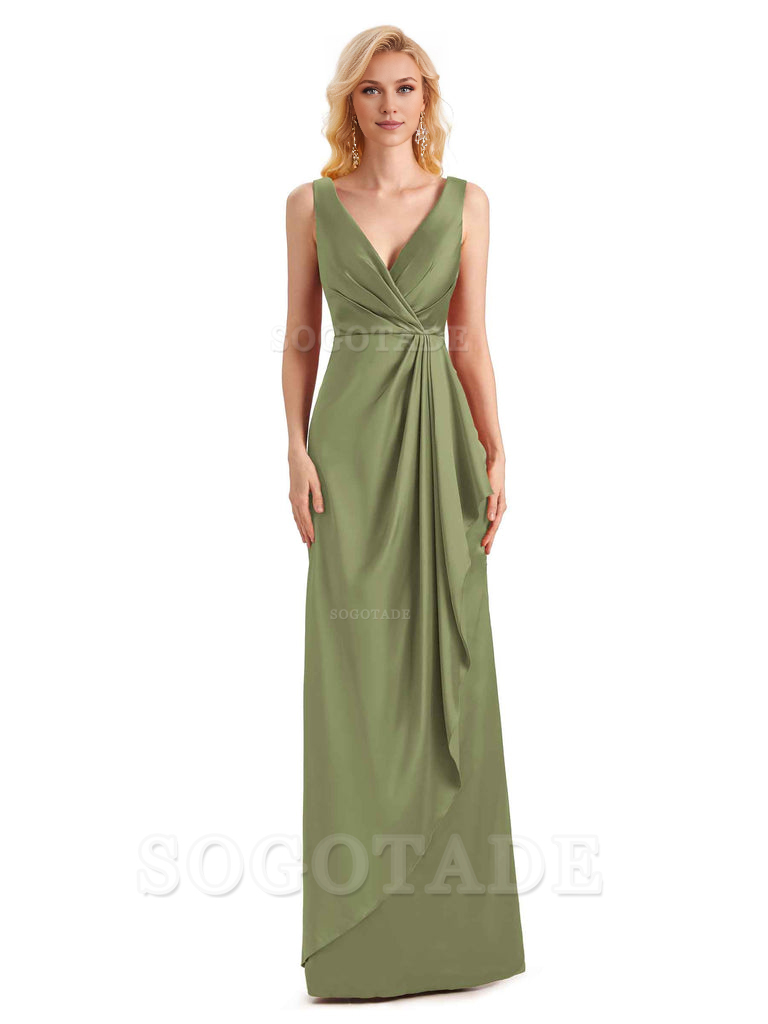 V Neck Elegant Soft Satin Formal Long Maid Bridesmaid Dresses Formal Wear Dresses