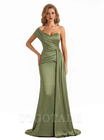 Elegant One Shoulder Soft Satin Long Mermaid Bridesmaid Dresses Online prom shop dresses ﻿