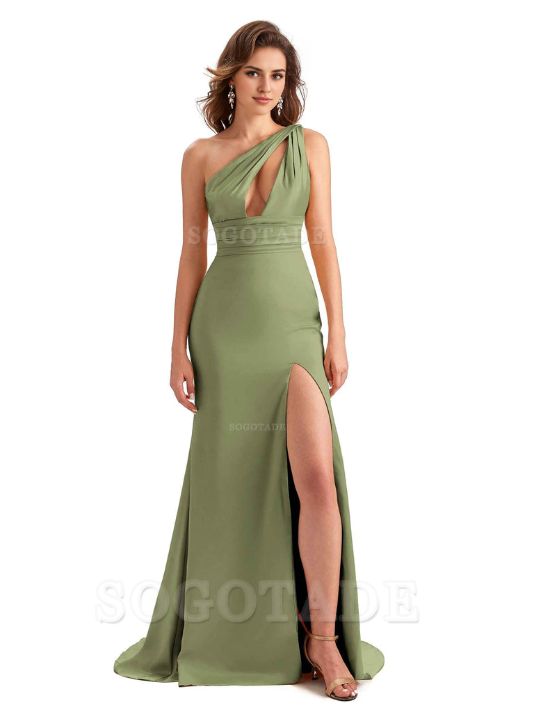 Charming Sexy Unique Side Slit Mermaid Silky One Shoulder Long Bridesmaid Dresses Formal Women's Dresses Wedding Guests Dresses