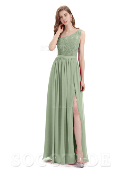 A-Line One Shoulder Top Lace Floor-Length Elegant Adoration Bridesmaid Dresses Formal Women's Dresses Wedding Guests Dresses