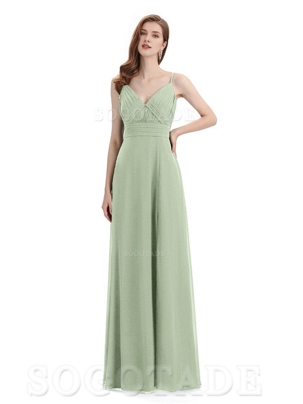 Chiffon V-Neck Spaghetti Strap Floor-Length Side Fork Long Bridesmaid Dresses Formal Women's Dresses Wedding Guests Dresses