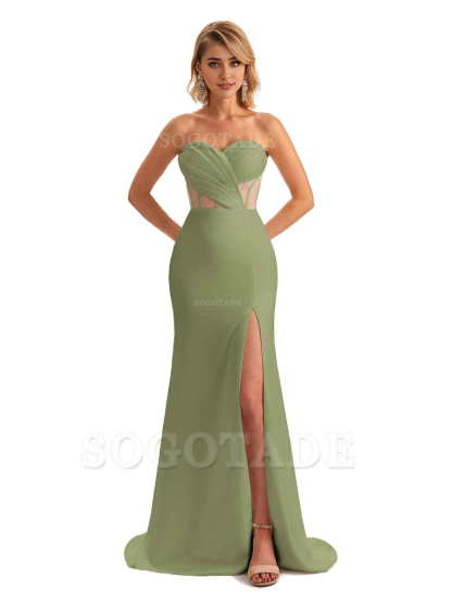 Sexy Sweetheart Strapless Side Slit Mermaid Soft Satin Unique Long Bridesmaid Dress For Wedding