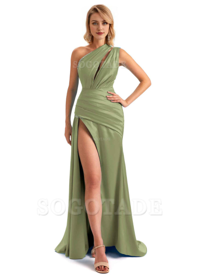 Elegant One Shoulder Side Hight Slit Mermaid Soft Satin Long Floor Length Bridesmaid Dress For Wedding