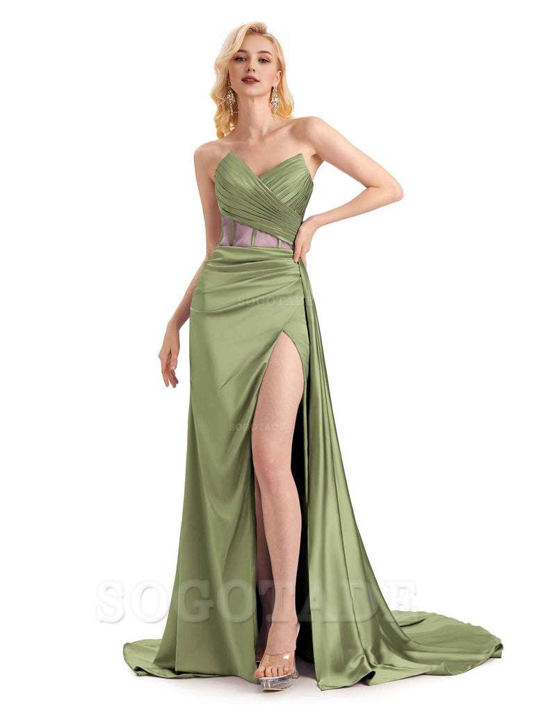 Sexy Soft Satin Side Slit See Through Floor-Length Long Mermaid Bridesmaid Dresses prom shop dresses