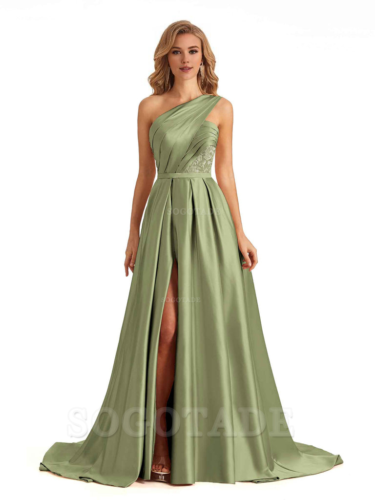 Sexy Side Slit One Shoulder A-Line Soft Satin Long Bridesmaid Dresses Online prom dress in store