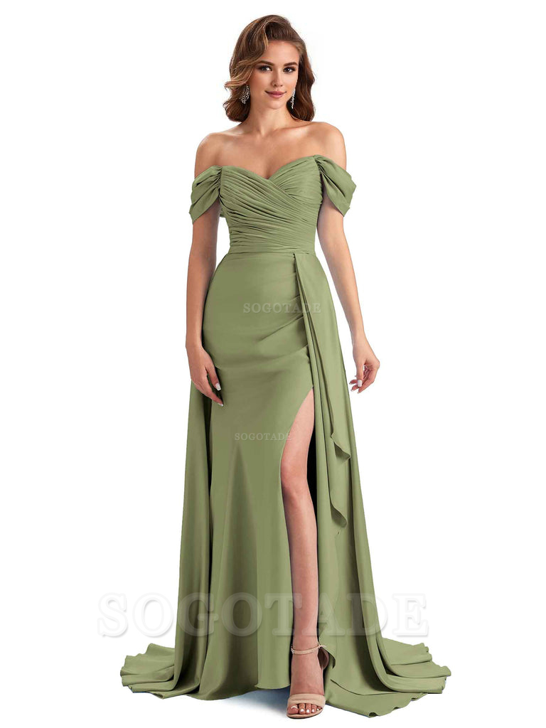 Sexy Side Slit Mermaid Soft Satin Off The Shoulder Long Unique Bridesmaid Dresses prom dress in store