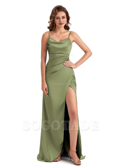 Soft Satin Side Slit Spaghetti Straps Sexy Wedding Bridesmaid Dresses